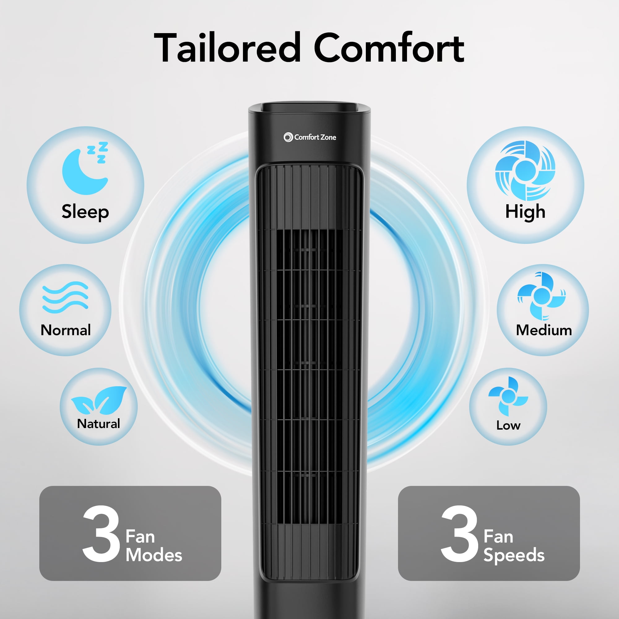 Comfort Zone 36” Tower Fan with Remote Control and Timer, Black