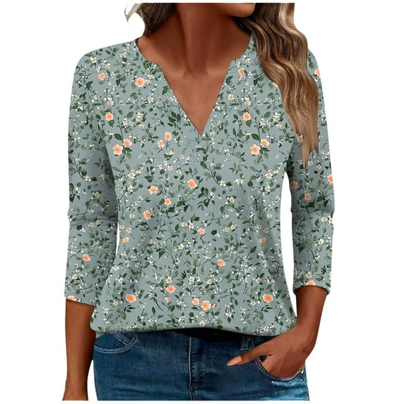 CYMMPU Summer Trendy Shirts V Neck Blouses for Women Dressy Casual Spring Tops Floral Pattern 3/4 Sleeve Loose Fit Tunic Tops Business Elegant Work Tops T-Shirts Multicolor L