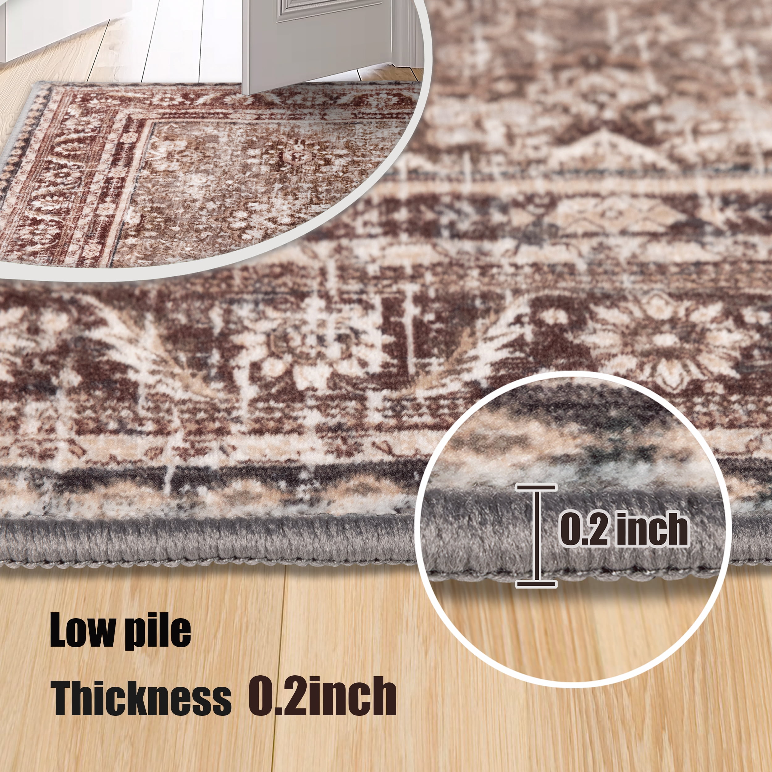 ARJINCUTE Distressed Vintage Low Pile Area Rugs 9'x12', Non-Slips Machine Washable Traditional Farmhouse Floor Carpet, Brown