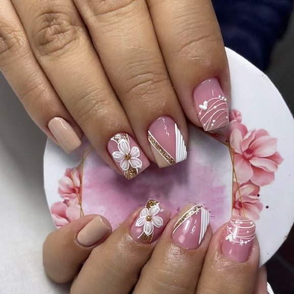 24Pcs Artificial Nails White Floral Patterns Press on Nails Full Covers Acrylic Nails For Daily Wear And Special Event