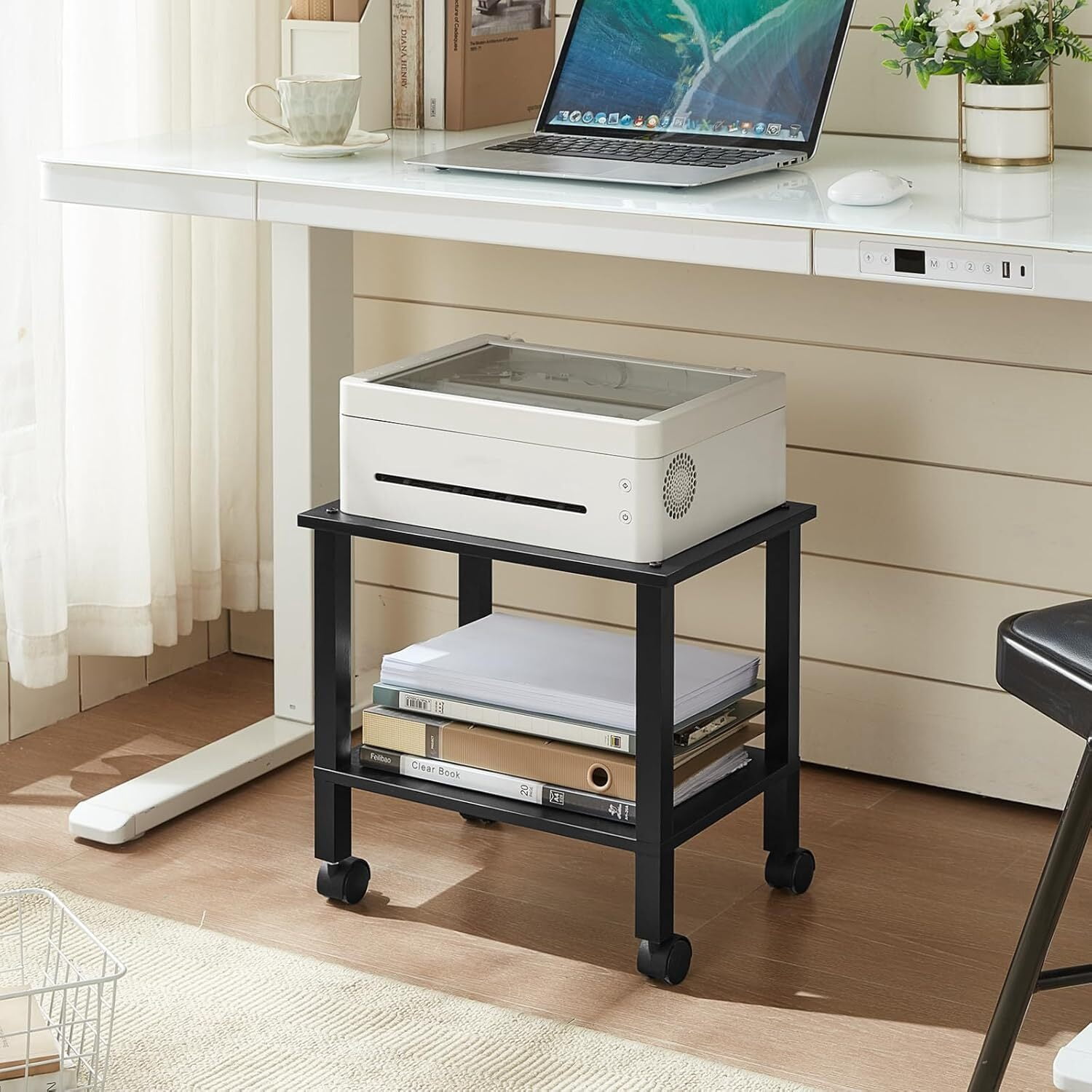 LEYAOYAO Printer Stand, 2 Tier Rolling Printer Cart with Wheels, Under Desk Printer Stand for Office, Home, Black