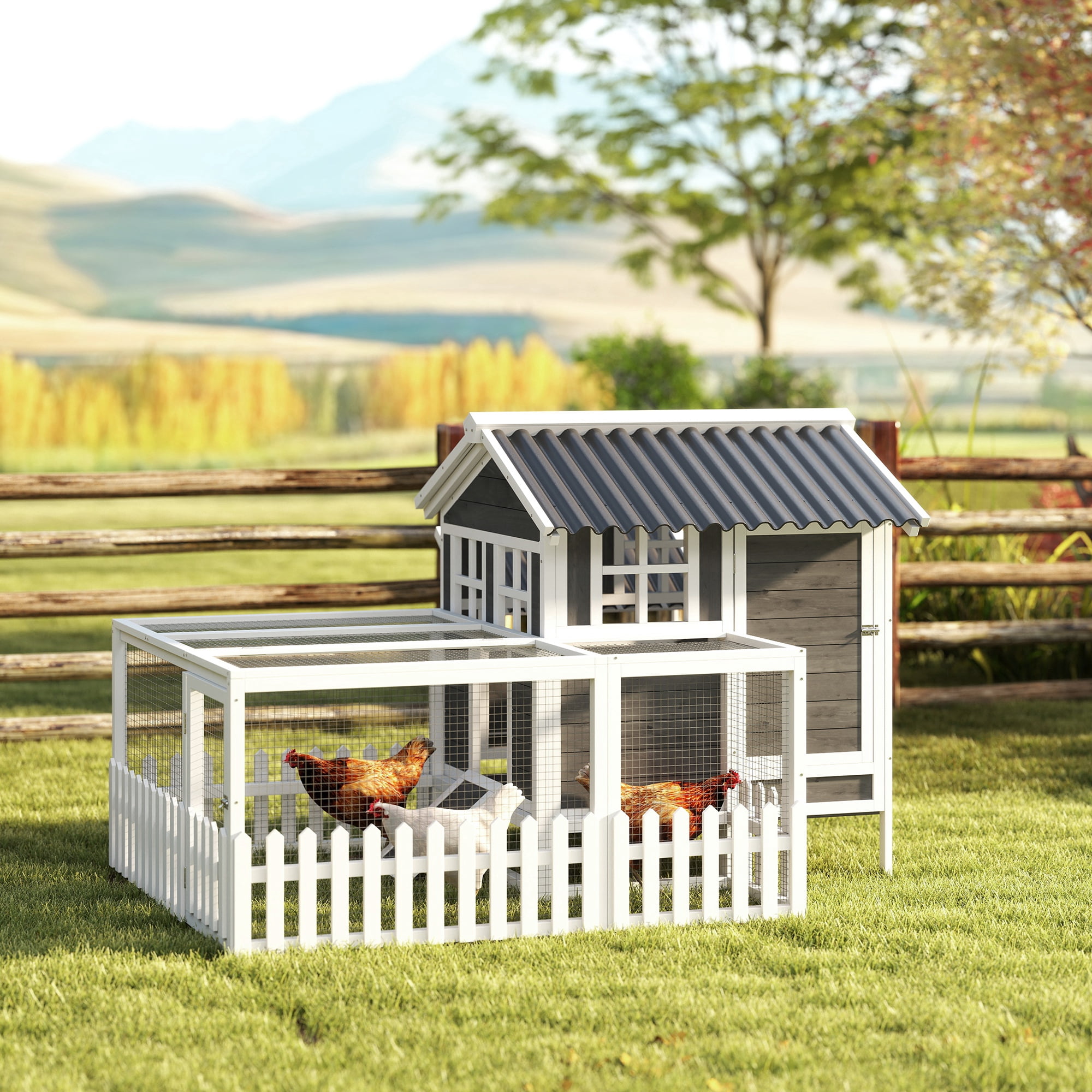 PawHut Wooden Chicken Coop with Run for 3-4 Chickens, 68" x 59" x 42"