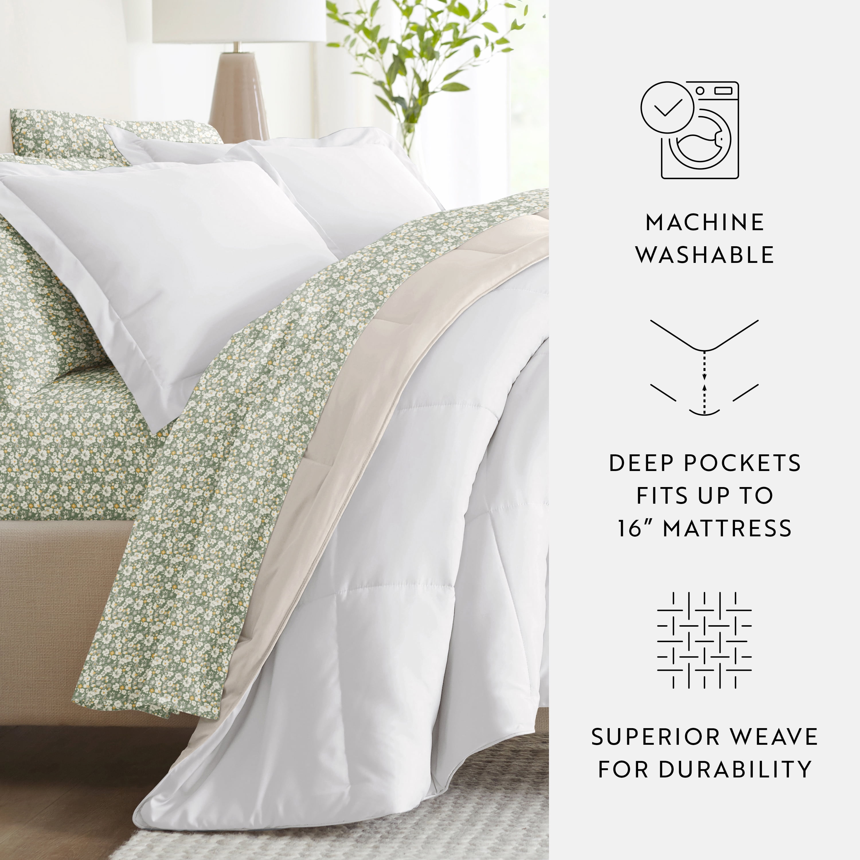 Noble Linens 7 Piece Bedding Bundle, Reversible Comforter and Patterned Sheet Set, Full