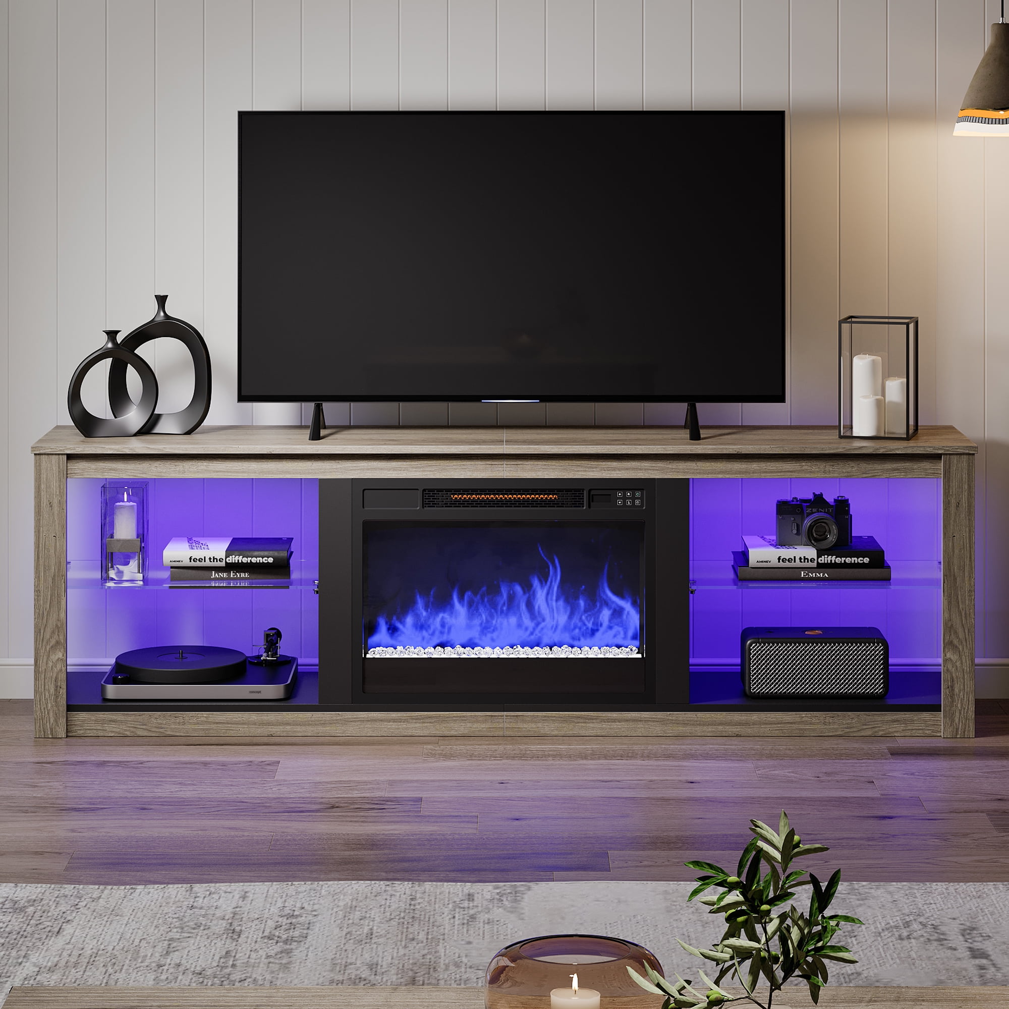 Bestier Electric Fireplace TV Stand Modern Entertainment Center for TVs up to 75" with LED Light and Storage Shelves in Wash Gray