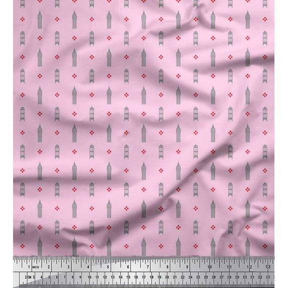 Soimoi polyester Crepe Fabric Curve Diamond & Clock Tower Architectural Print Fabric by the Yard 42 Inch Wide
