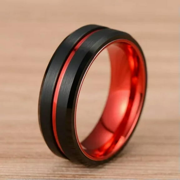 8MM Black Matte Band Male Titanium Steel Men's Stainless Steel Red Ring Sz 7-13