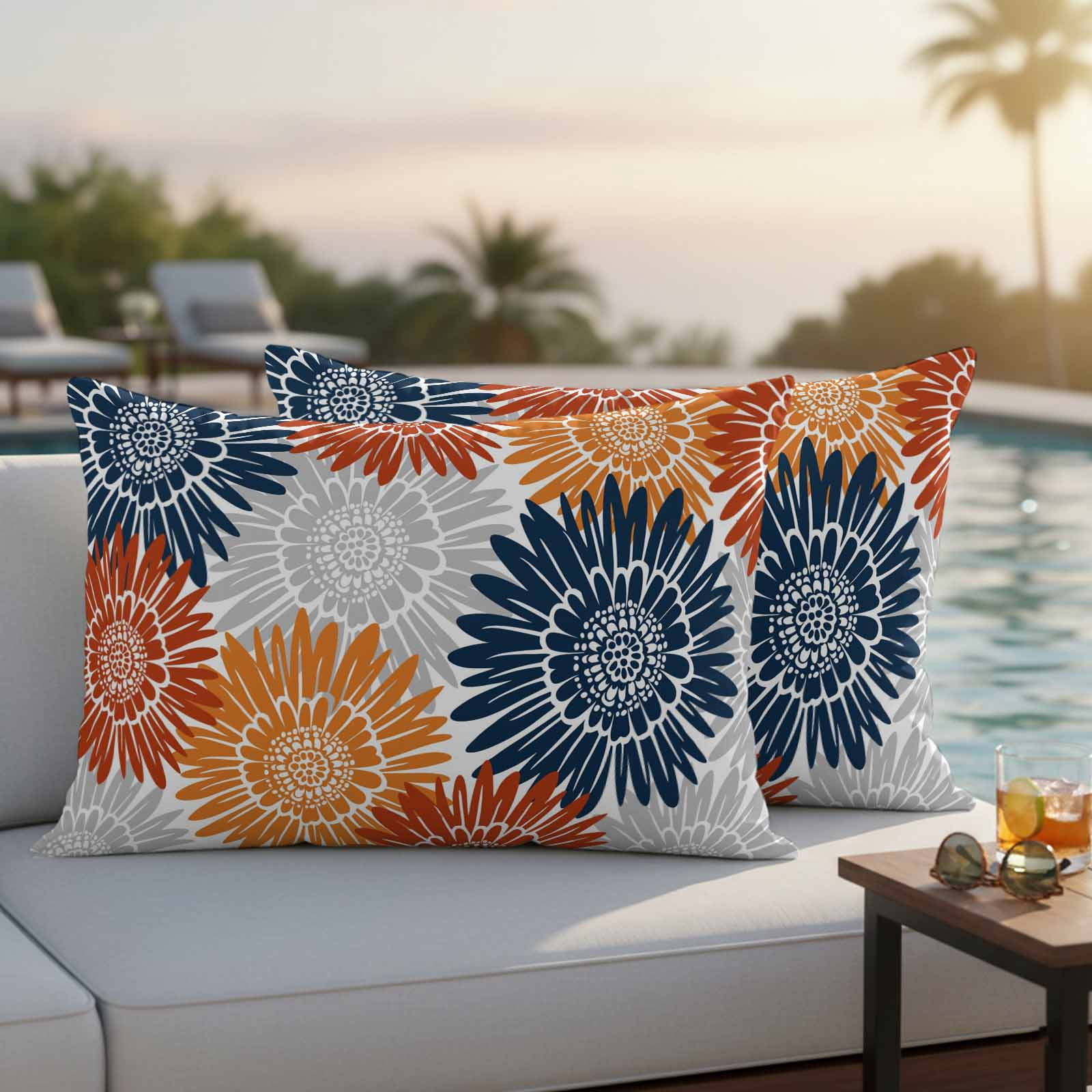 Orange Red Sunflowers Outdoor Waterproof Throw Pillow Covers 20x12 Set of 2, Boho Retro Floral Rustic Blossom Decorative Pillowcases Cushion Pillowcase for Couch Sofa Patio Outside Pillow Protector