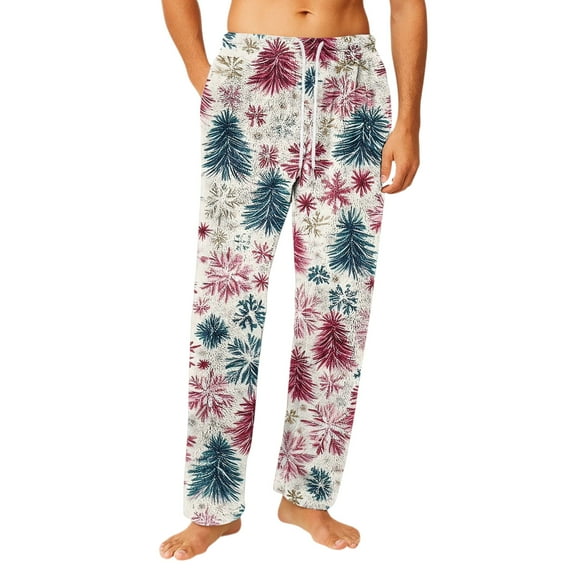 Dwellite Christmas Pajama Pants for Men Flannel Lounge Pants Elastic Waist Loose Soft Xmas Print Bottoms Trousers with Pockets Christmas Pjs Xmas Family Pj Pants White 3XL