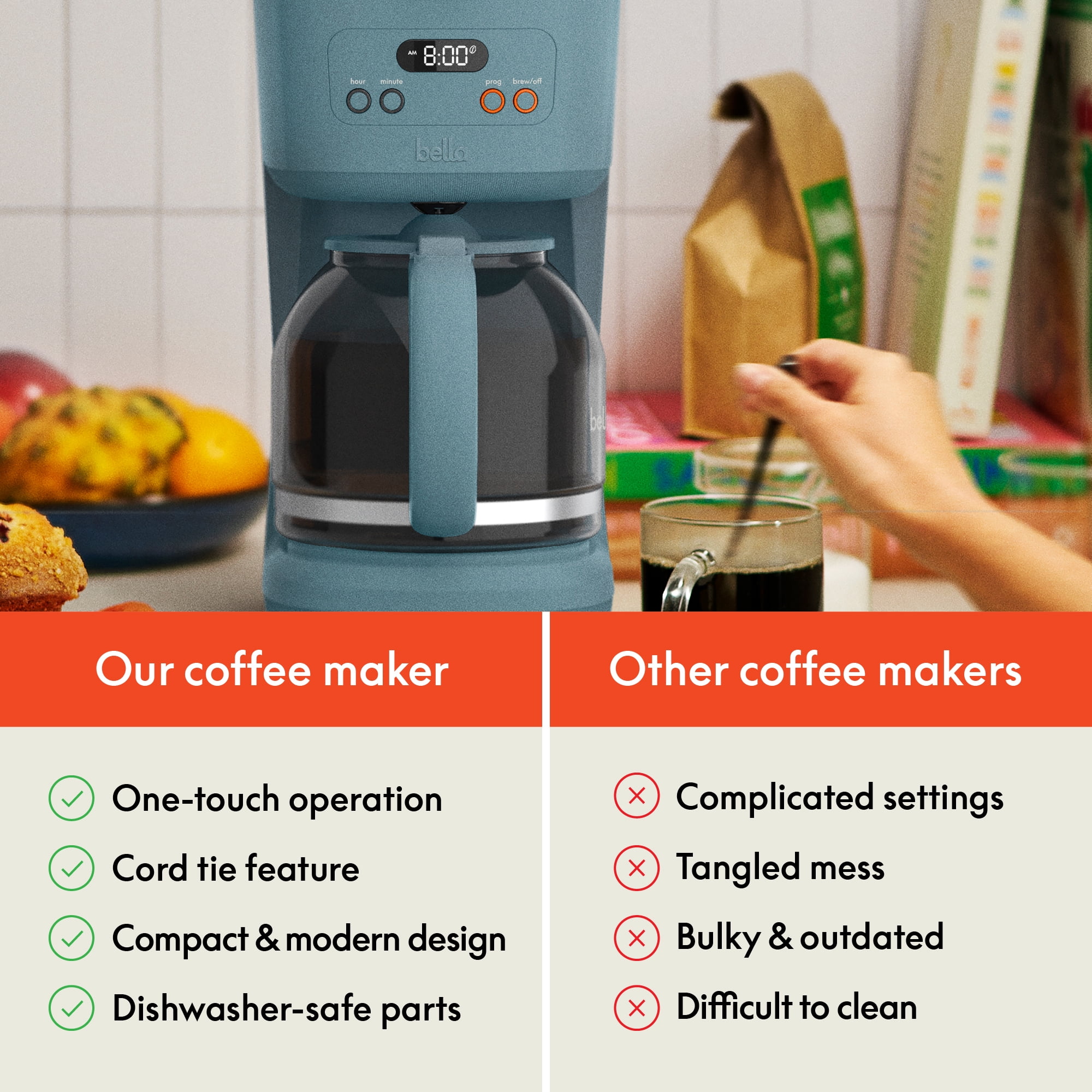bella 12 Cup Programmable Drip Coffee Maker with Glass Carafe, Auto Shut-Off, Surf
