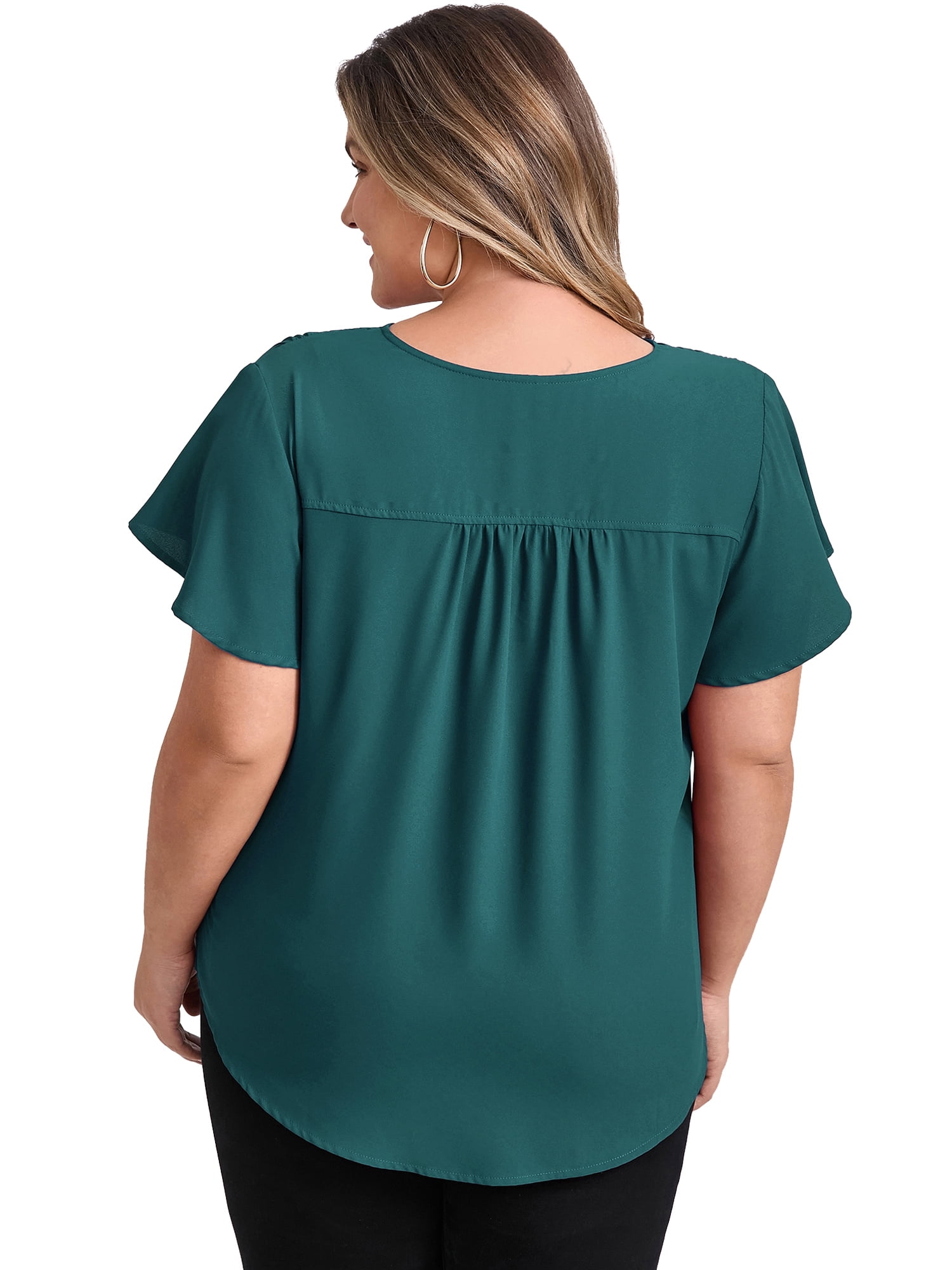 DARING DIVA Women's Plus Ruffle Sleeve V Neck Button Decor Blouse 4X Teal