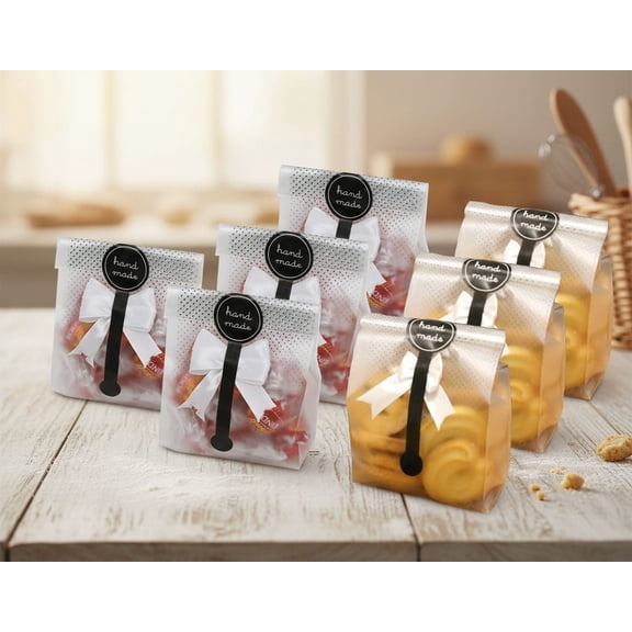 100 pcs./Pack Translucent Plastic Bags for Cookie,Cake,Chocolate,Candy,Snack Wrapping Good for Bakery Party with Stickers