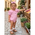 thumbnail image 4 of BemeyourBBs Newborn Baby Girl Summer Clothes Cotton Linen Outfit Cute Bubble Romper Short Sleeve Doll Collar Button Down Bodysuit and Headband Set, 4 of 9