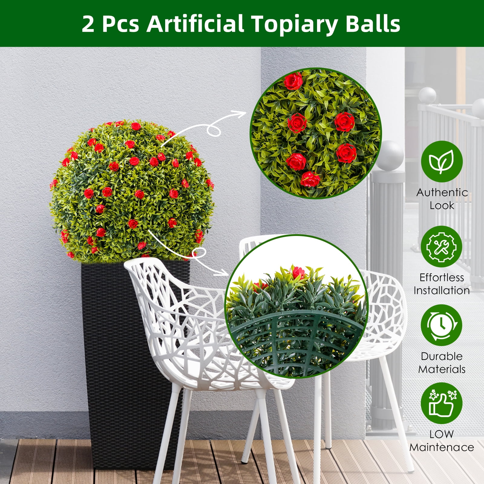 4Pcs Artificial Boxwood Topiary Ball with Flowers - 12.6" Faux Greenery for Outdoor Planters, Porch & Patio Decor