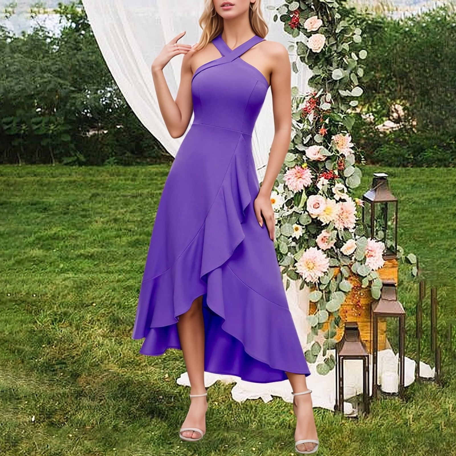 Jamsmile Womens Dress Solid Color Halter Cross Strap Ruffles Hem High Split Party Long Dresses Elegant Ladies Slim Fit Party Dress