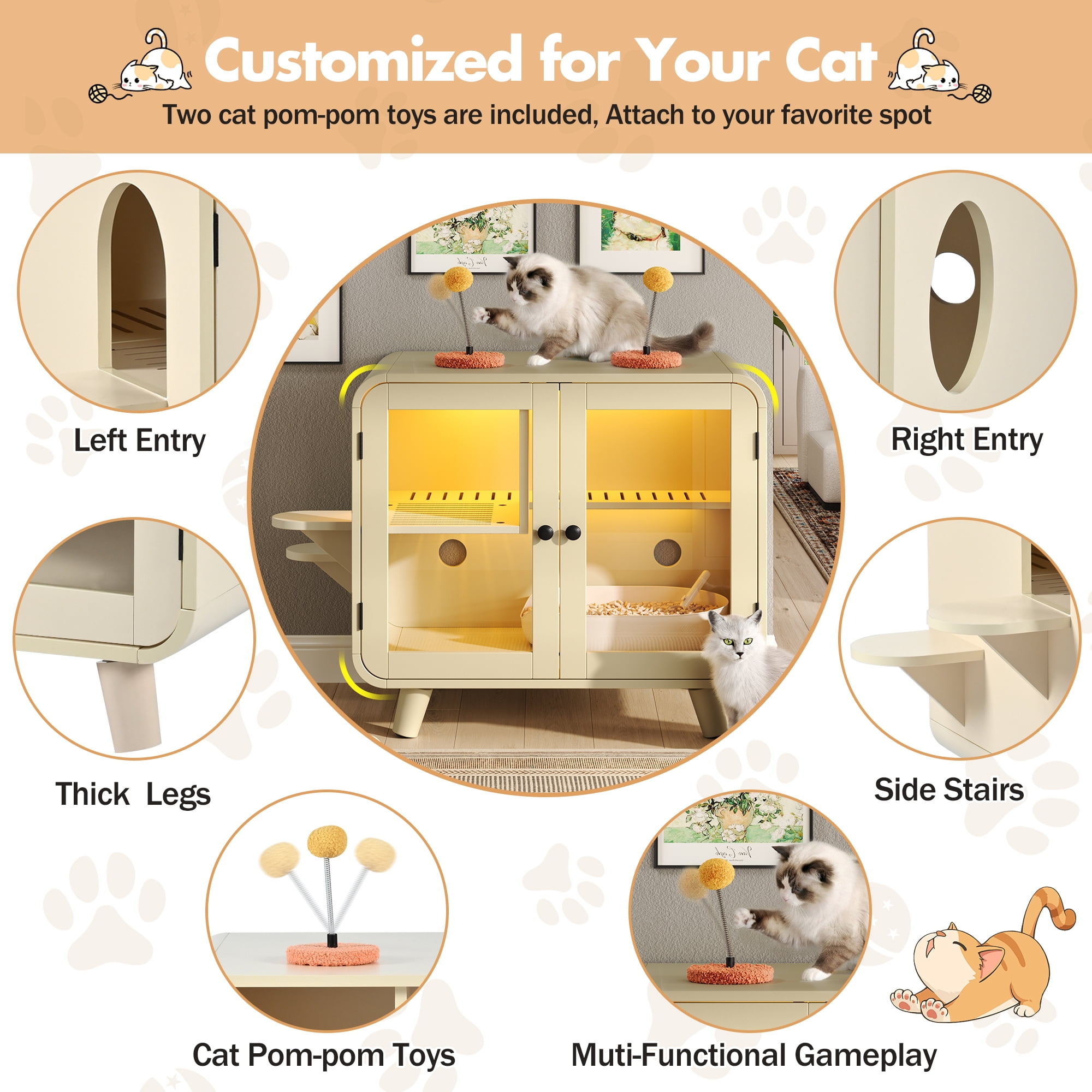 Mintazer Cat Litter Box Enclosure with Light, Hidden Cat House with Side Stairs & Toys, Cat Cabinet with Litter Leak Walkway and Doors for Indoor, Beige