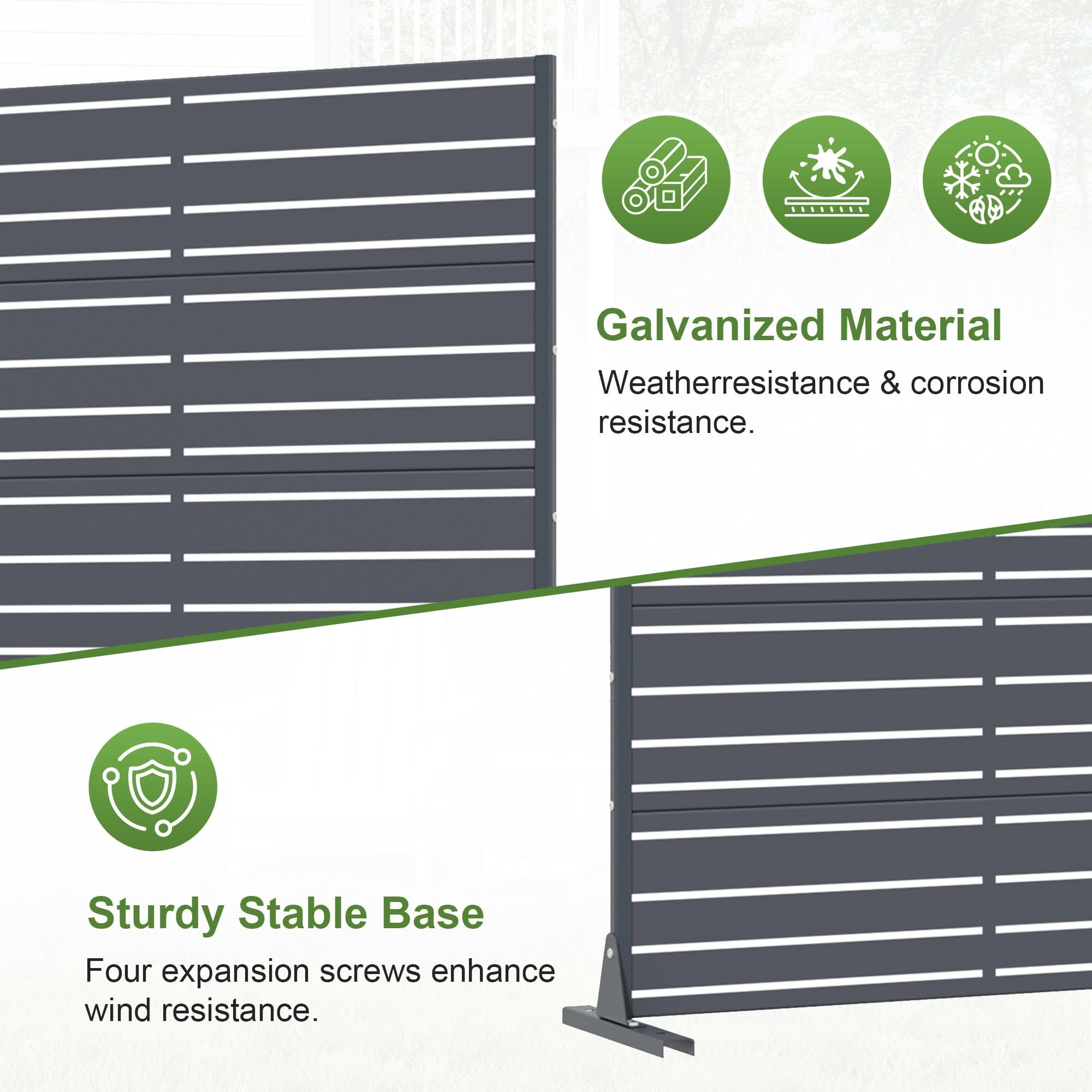 MAYEERTY 72"x47" Privacy Screen, Basalt Ash 6-Panel Galvanized Steel Louvered Fence, Wide-1 Narrow-2, Freestanding for Patio Backyard