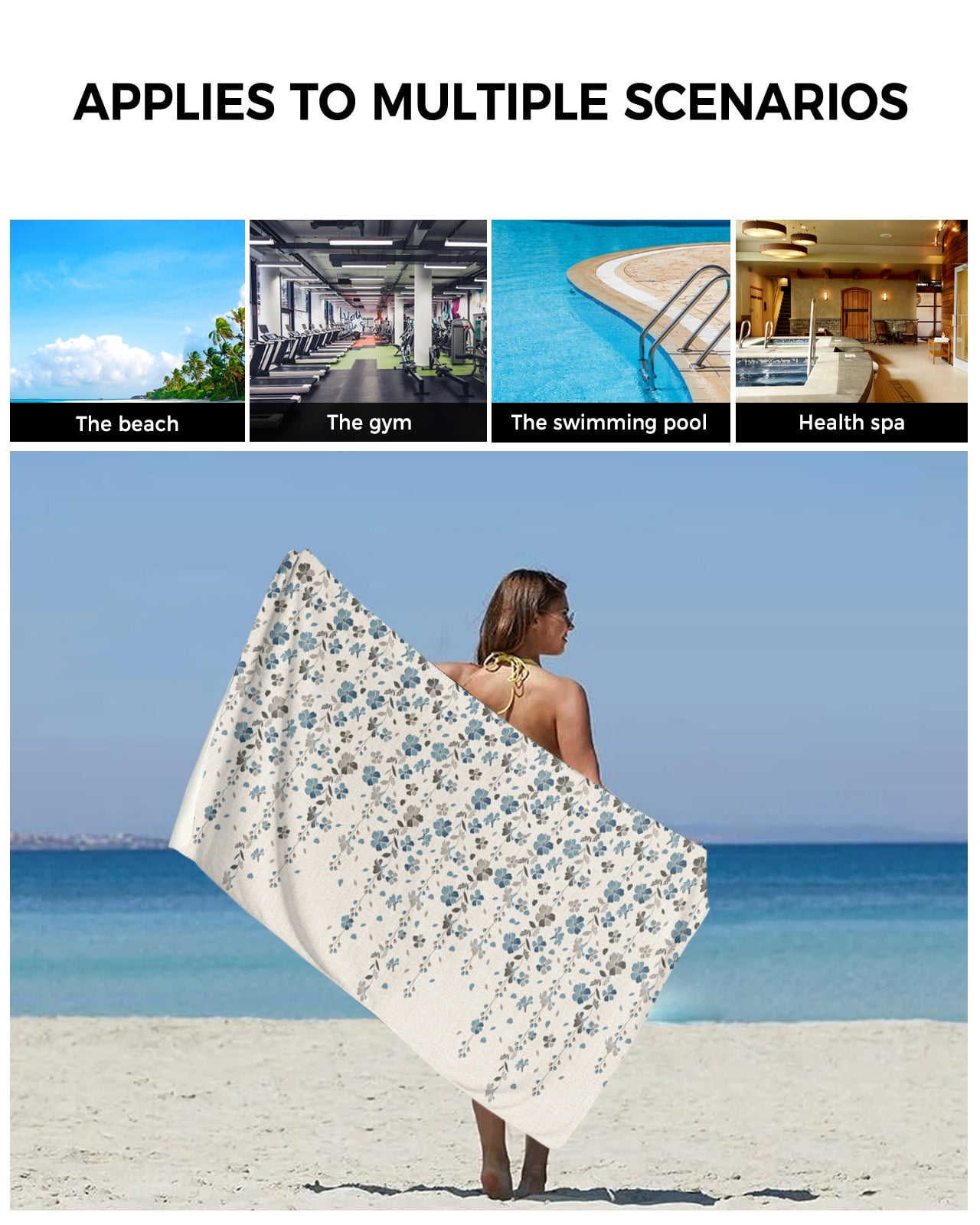 Weeping Flowers Towel Set of 3,Soft Microfiber Bath Towels,Hand Towel,Washcloths,Blue Grey Spring Floral Botanical Rustic Burlap Quick-Dry Absorbent Towels for Bathroom Kitchen Hotel Beach Gym Spa