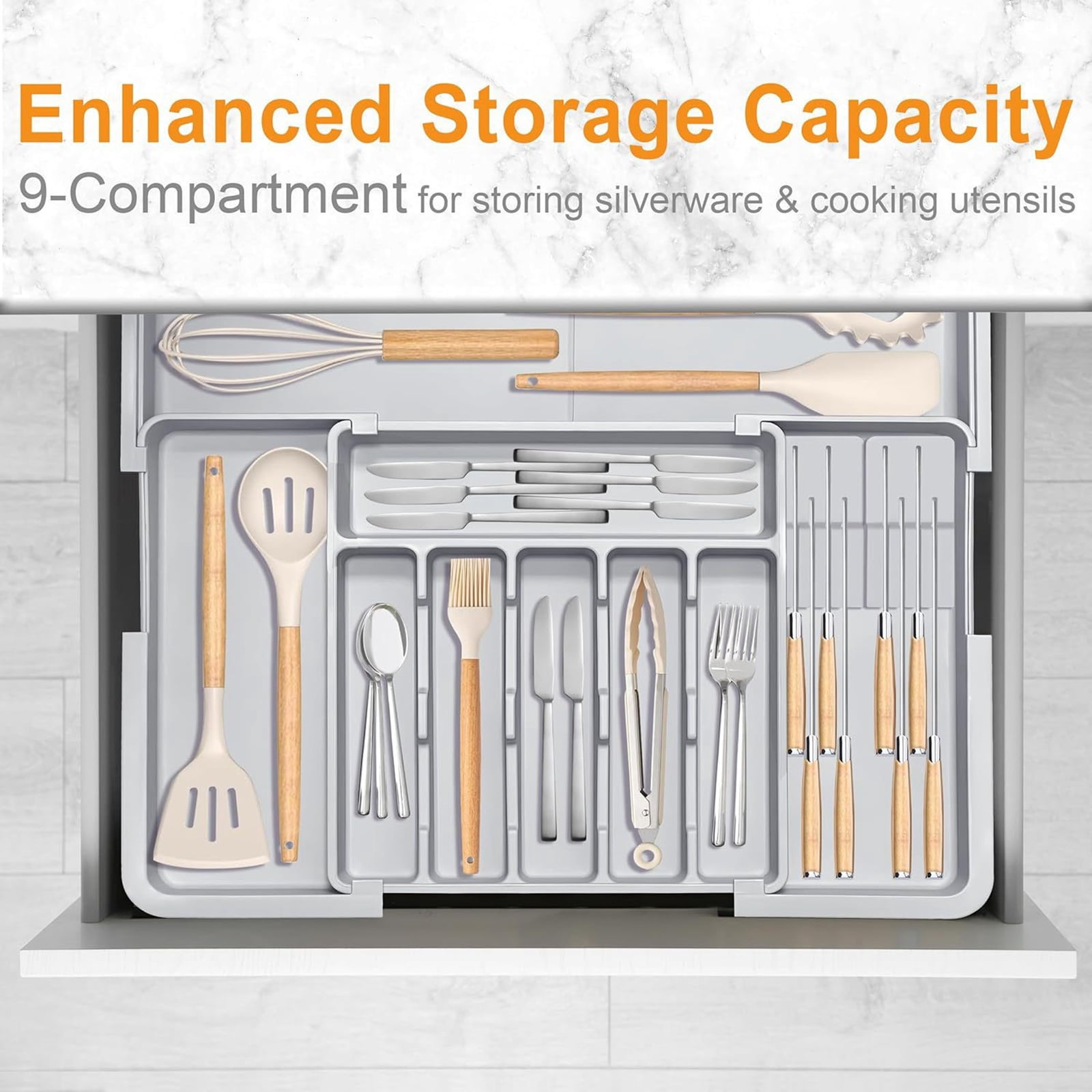 Djiypn Large Silverware Organizer, Expandable Utensils Drawer Organizer for Kitchen Drawers, Kitchen Drawer Organizer for Spoons/Forks/Knives, Multipurpose & BPA Free Cutlery Tray, Gray, 1 Pack