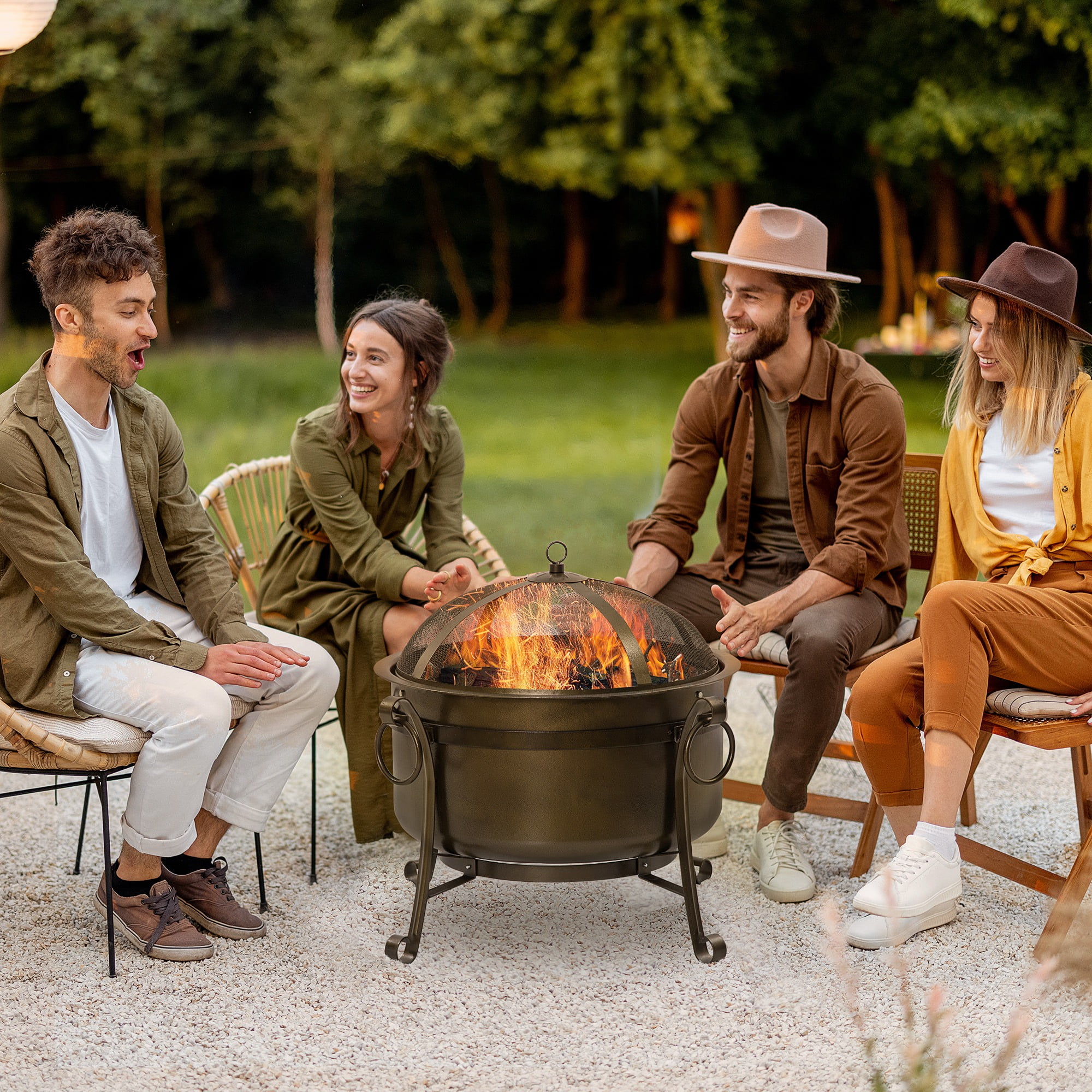 Aimee Lii 30" Outdoor Fire Pit Grill, Portable Steel Wood Burning Bowl, Cooking Grate, Poker, Spark Screen Lid, Outdoor Firepit for Patio, Backyard, BBQ, Camping, Bronze