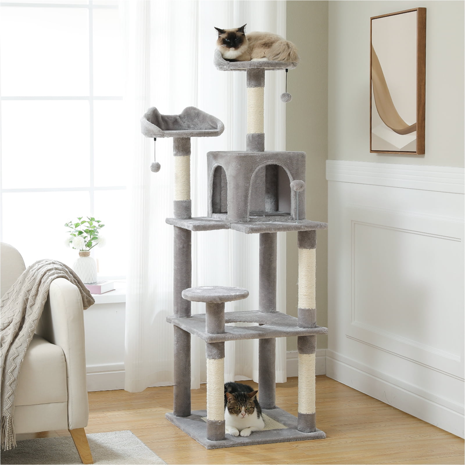 Kadyn 63" Cat Tree Tower for Indoor Cats, 4 Levels Platform Cat Condo for Large Cats with Fully Scratching Posts, Gray