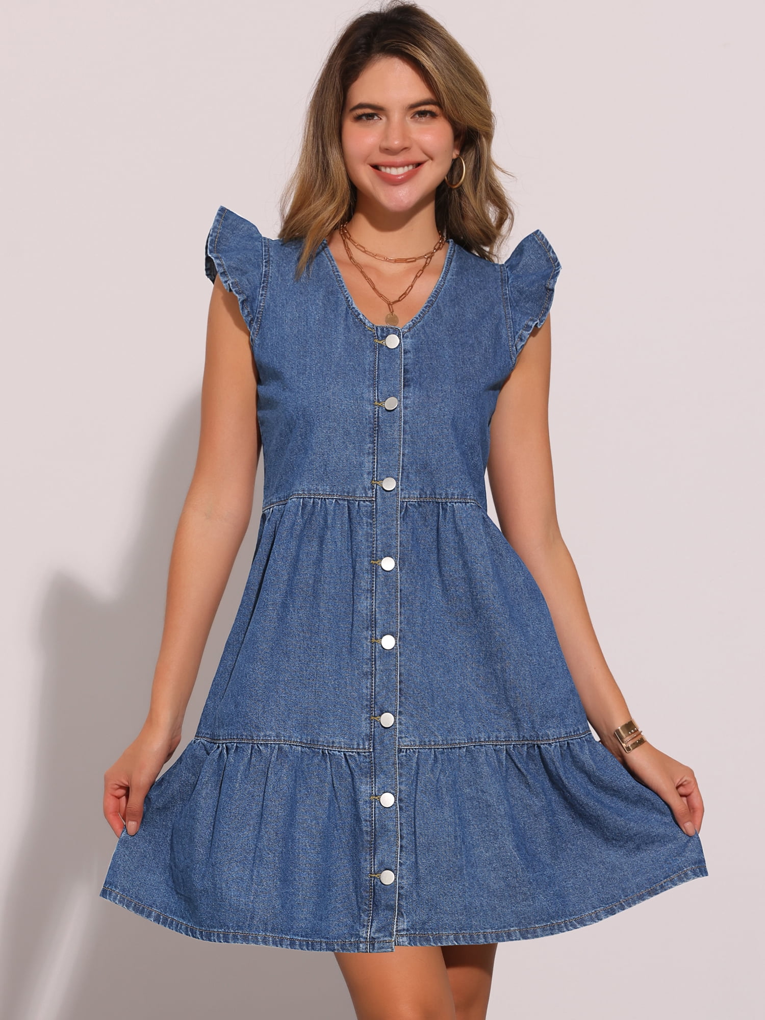 DARING DIVA Denim V Neck Cap Sleeve Button Down A Line Dress S Blue