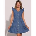 thumbnail image 2 of DARING DIVA Denim V Neck Cap Sleeve Button Down A Line Dress S Blue, 2 of 6