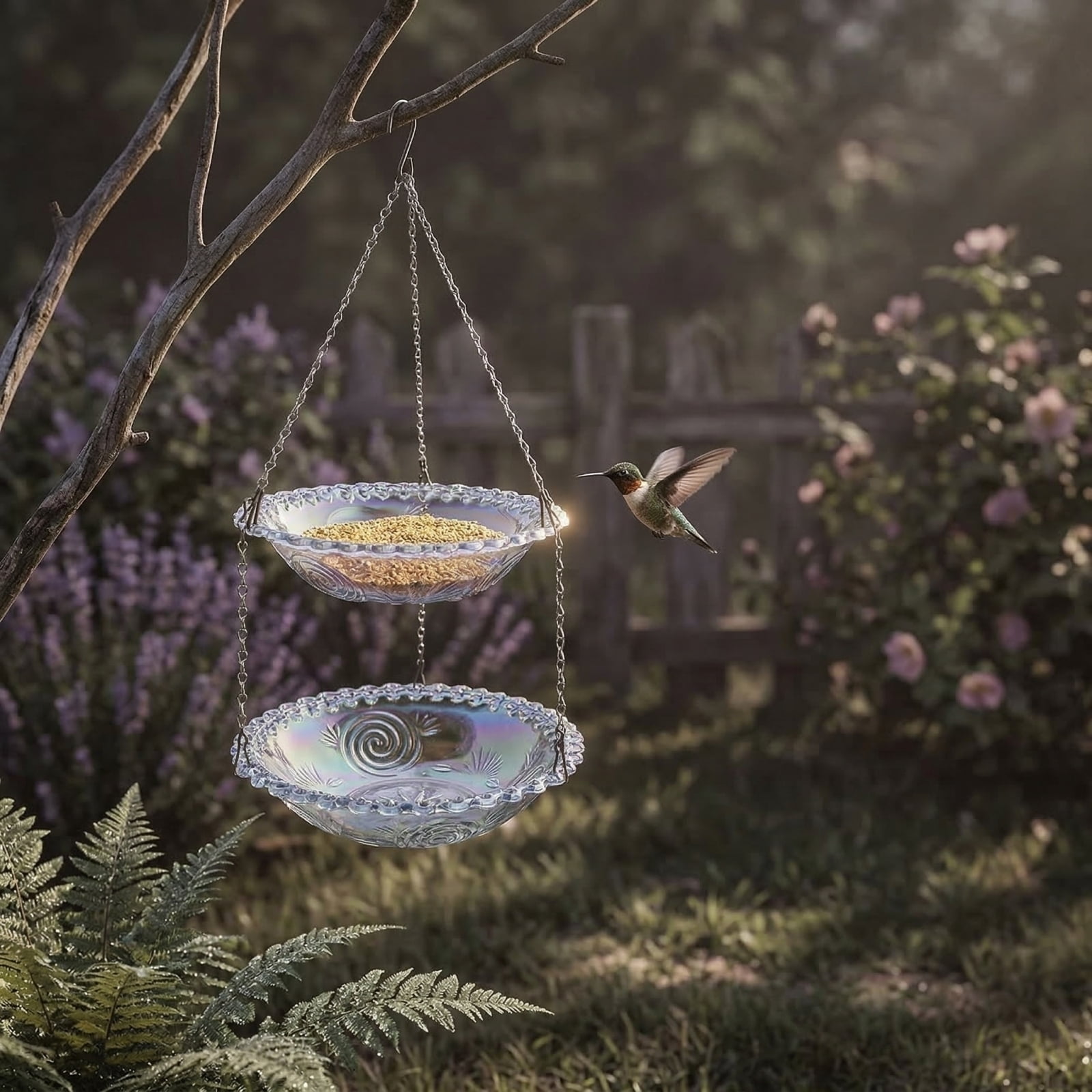 Hanging Bird Feeder Hummingbird Feeder Outdoor Decorative Bird Bathing Basin for Wild Birds Garden Balcony Ornament Glass Bowl with Durable Metal Chains