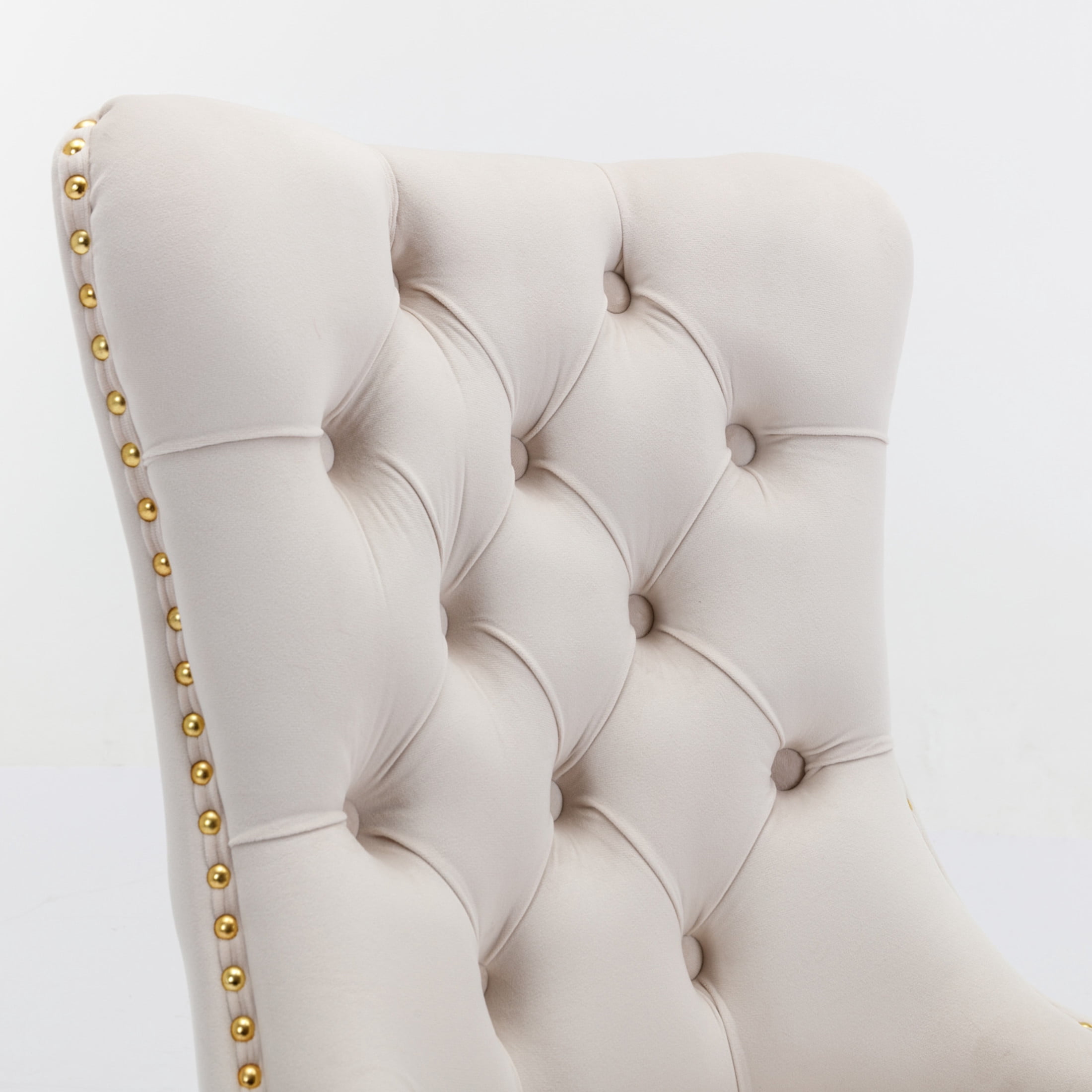 Noble House Tufted Velvet Dining Chair, Nailhead Trim, Stainless Steel Legs, Beige + Gold