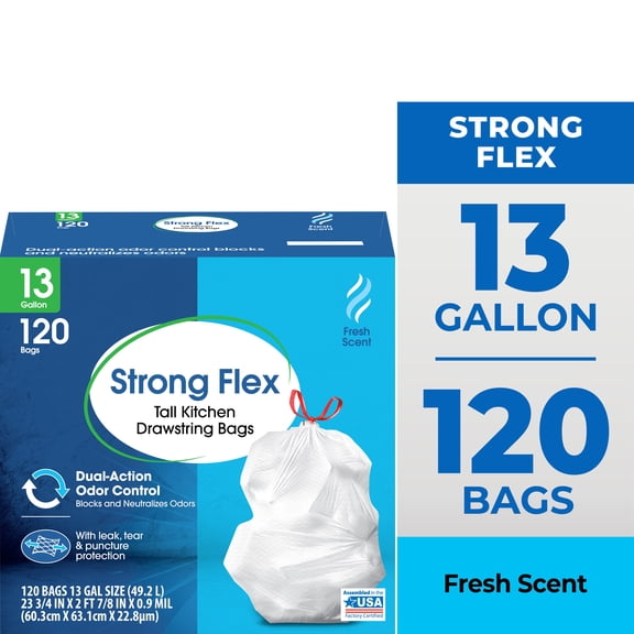 Great Value Strong Flex 13-Gallon Drawstring Tall Kitchen Trash Bags, Fresh Scent, 120 Bags