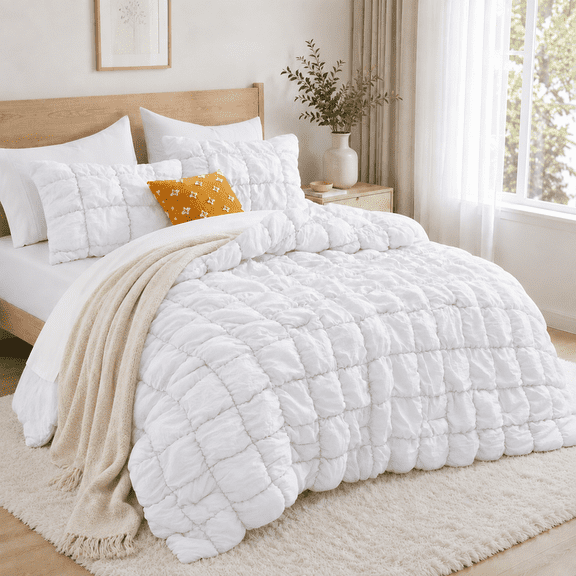 Unikome Twin Comforter Set, Soft Down Alternative Comforter with Puff Texture, All Season Cozy Bed Comforter with 2 Pillow Shams, Machine Washable, White