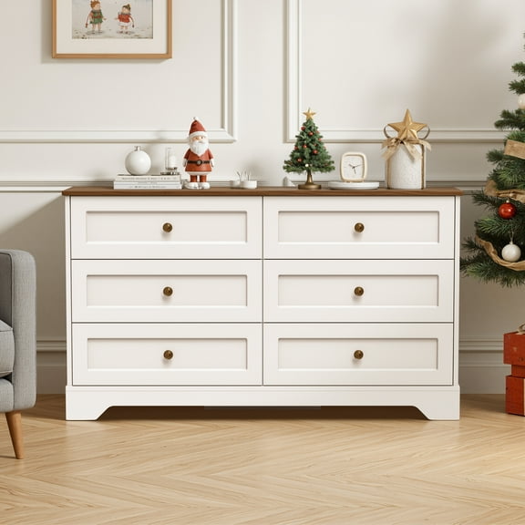 6 Drawers Dresser for Bedroom, 52" White Wood Chest of Drawers with Metal Vintage Handle, Farmhouse Storage Dressers Organizer TV Stand for Living Room, Hallway