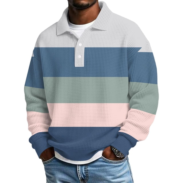 Ceisia Men's Vintage Waffle Knit Polo Sweater | Loose Drop-Shoulder Color Block Striped Long Sleeve Pullover Gifts