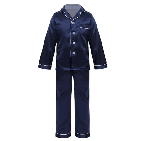iEFiEL Unisex Kids Boys Girls Silk Pajamas Outfit Long Sleeve Tops with Pants Set Sleepwear Navy Blue 10-12