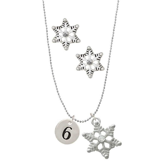 Delight Jewelry Silvertone Disc 1/2'' Number - 6 - Silver tone Snowflake Charm Necklace and Stud Earrings