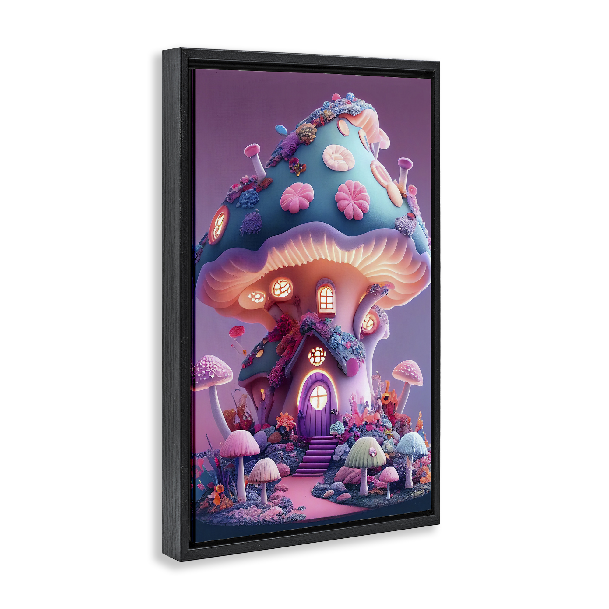Stupell Industries Mystical Forest Mushroom Town & City Painting Black Floater Framed Art Print Wall Art, 21 x 31
