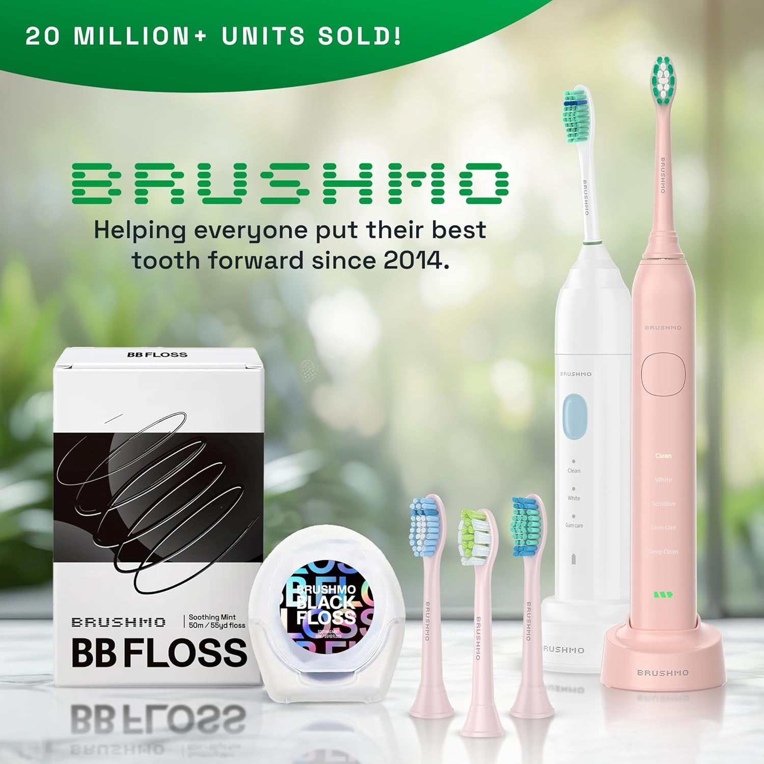 Brushmo Super Sonic Rechargeable Toothbrush, 5 Brushing Modes, Includes 4 Brush Heads, 2-min Timer, 30-Day Battery, Charging Base, Nova Pink