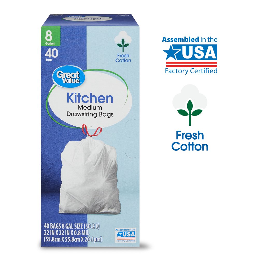Great Value Medium Tall Kitchen Trash Bags, 8 Gallon, 40 Bags (Fresh