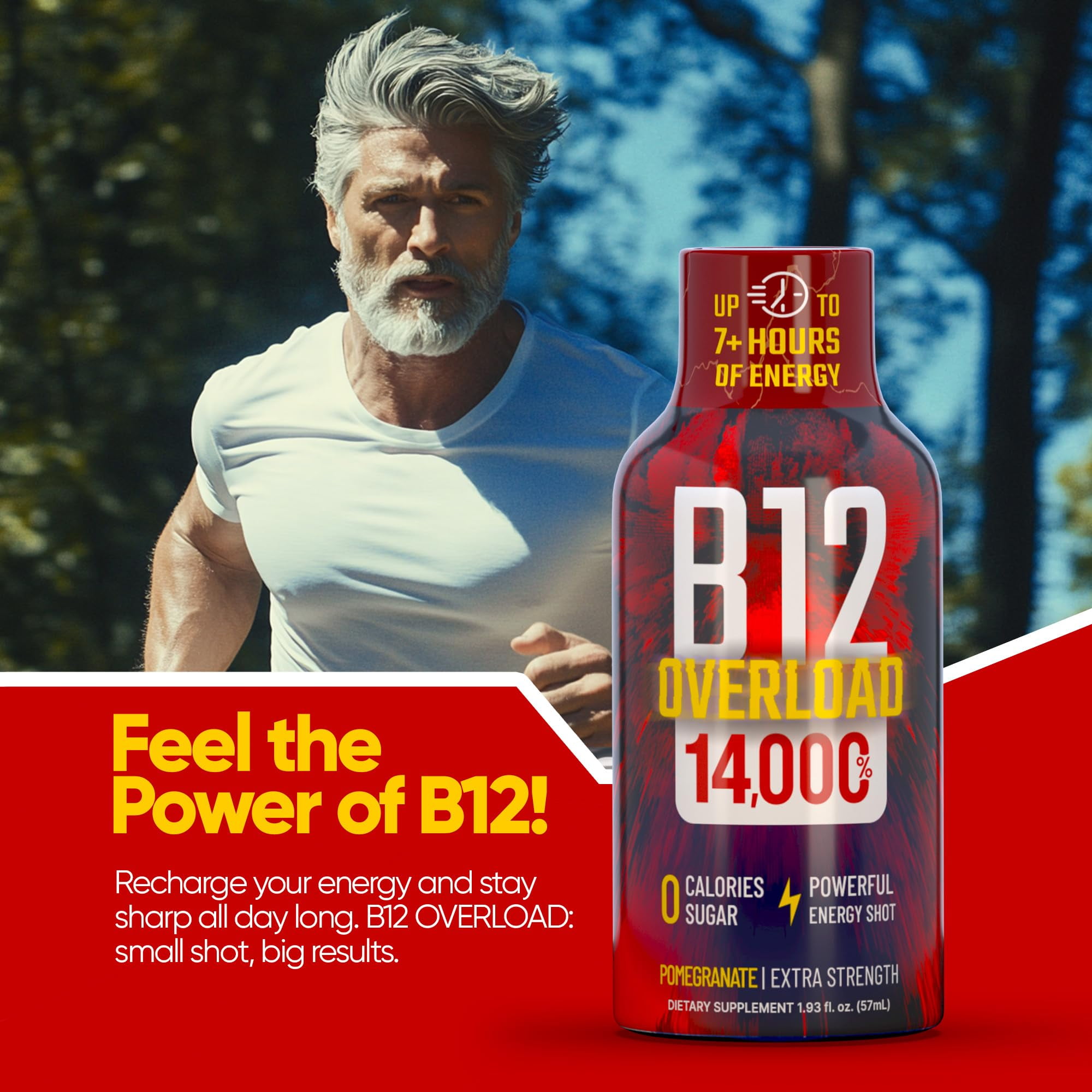 Vitamin Energy B12 Overload Extra Strength Shot, Pomegranate, 48 Pack – 260mg Natural Caffeine, 14,000% DV B12 & Electrolytes, Zero Sugar, 1.93 fl oz