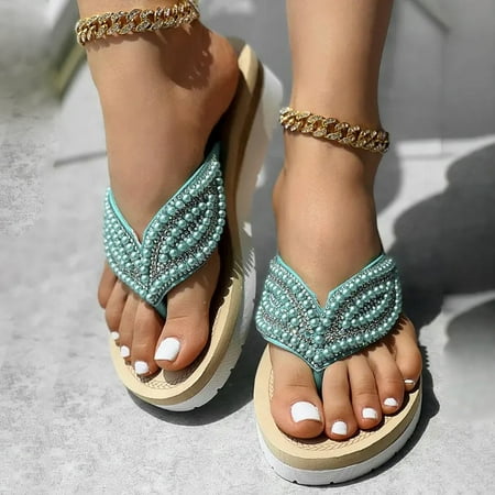 

Womens Open Toe Sandals- Rhinestone Pearl Casual Sandals Green Size 8.5
