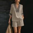 thumbnail image 5 of Women's Two-Piece Shorts Set Three-Quarter Length Sleeve V Neck Striped Vacation Daily Casual Outdoor Summer Loose Set, 5 of 8