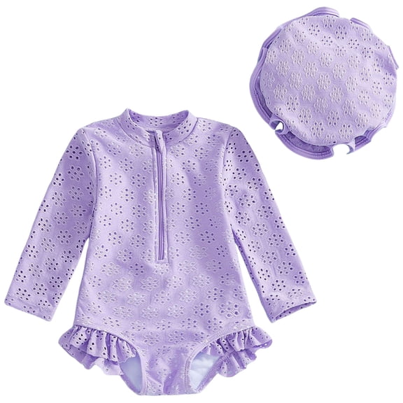 Zanarzt Infant Baby Girls Swimsuit Toddler Girl Solid Swimsuit Baby Long Sleeve Rash Guard Bathing Suit Girl Hollow Out Swimwear with Sun Hat Purple,12-18 Months