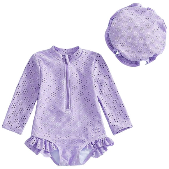 Splozh Baby Girls' One Piece Swimsuit Toddler Girl Solid Swimsuit Baby Long Sleeve Rash Guard Bathing Suit Girl Hollow Out Swimwear with Sun Hat Purple,6-12 Months