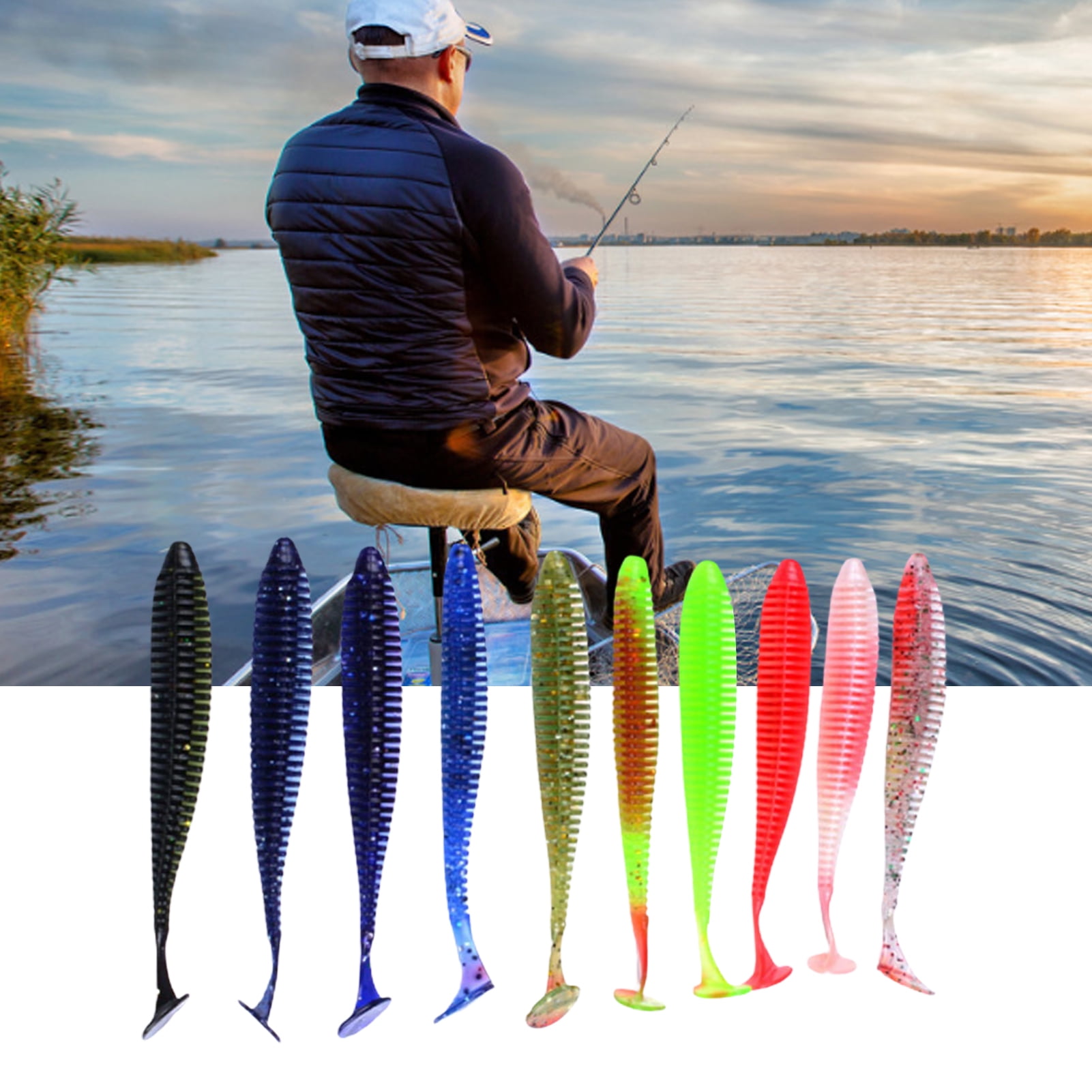 Cheers 10Pcs Silicone Soft Faux Fish Bait Lure with T Tail Crank Hook