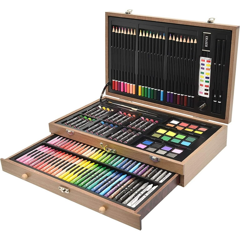 Bibana 145 Piece Deluxe Art Set, Wooden Art Box & Drawing Kit with Crayons,  Oil Pastels, Colored Pencils, Watercolor Cakes, Sketch Pencils, Paint  Brush, Sharpener, Eraser, Color Chart (Tan) 