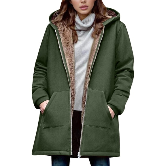 Women's Fashion Solid Color Zipper Long Sleeve Loose Hooded Mid-length Coat Army Green L