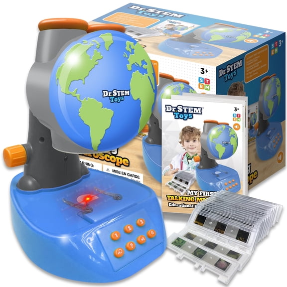 Dr. STEM Toys Talking Microscope, STEM Science Toy, Beginner Microscope for Kids with Twenty Prepared Slides, Sixty Specimen Images, and Color Booklet - View, Listen, and Learn, Ages 3