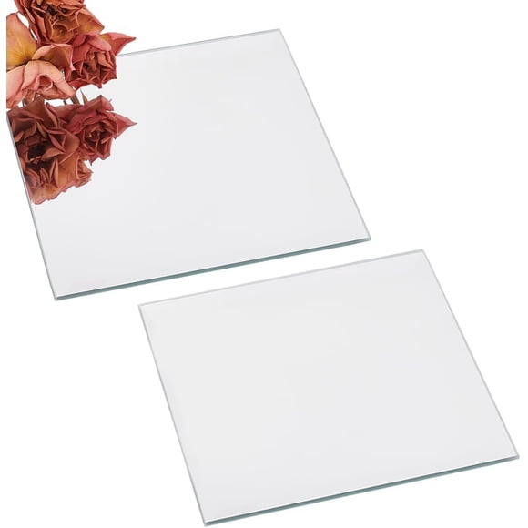 OLYCRAFT 2Pcs 4x4 inch Square Glass Mirror Tiles, 2.5mm Thick, Polished, Modern Style, White, Peel and Stick, 2 Count