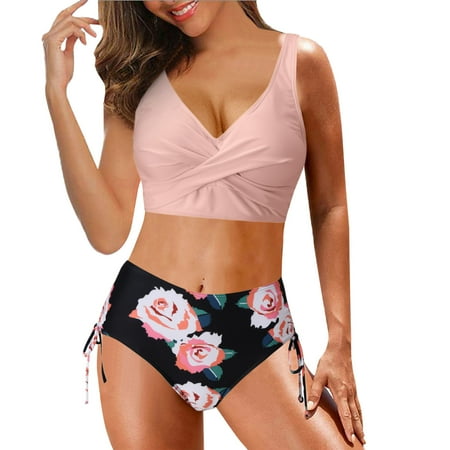 

High Set Retro Halter Tow Two Piece Front Vintage Print Swimsuit Wrap Ruched Women Bikini Piece Waist Swimwears Tankinis Set Bikini Sports Bra Top