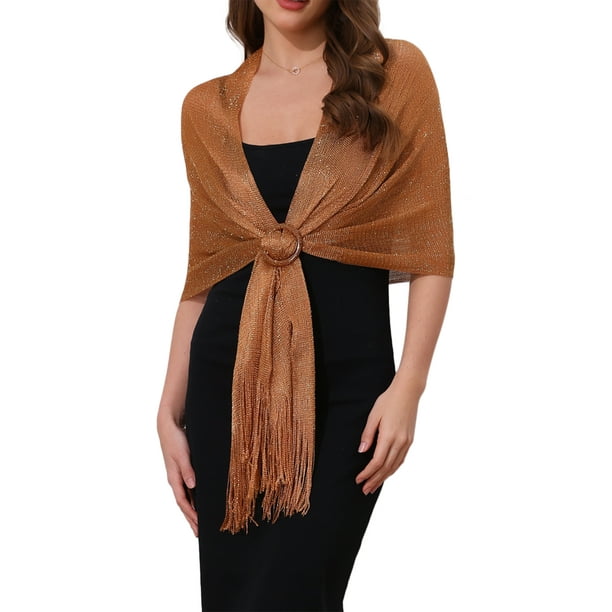 Chales y envolturas para mujeres Inspire Chic para vestidos de noche, brillante, chispeante y elegante con hebilla 74.8x17.7" (LxA) Marrón claro (Dorado)