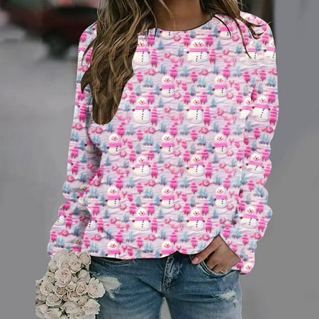 asdoklhq Christmas Graphic Tees for Women Christmas Printed Round Neck Long Sleeved Casual Pullover Loose Sweatshirts Multicolor XL